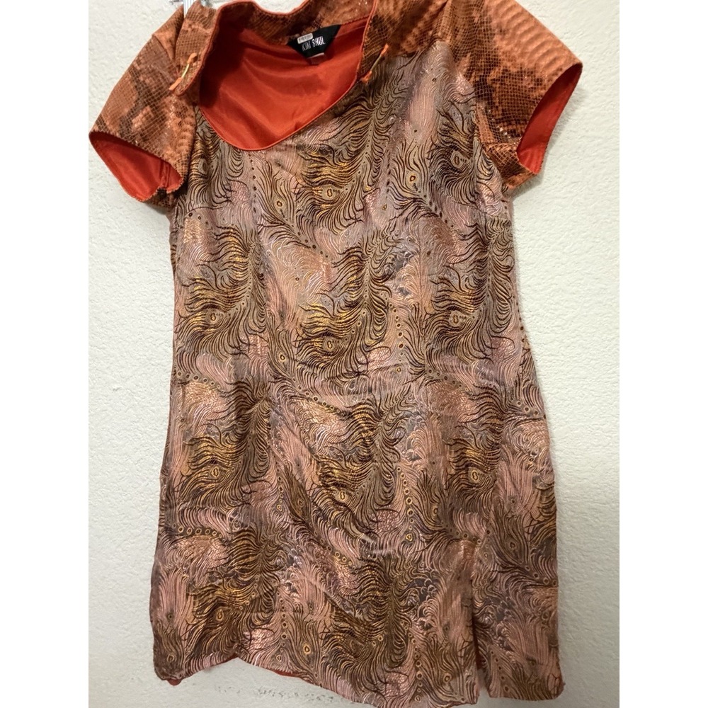 Kim Shui Metallic Peacock Jacquard Qipao Mini Dress Size 12 Orange Snakeskin - Picture 15 of 16